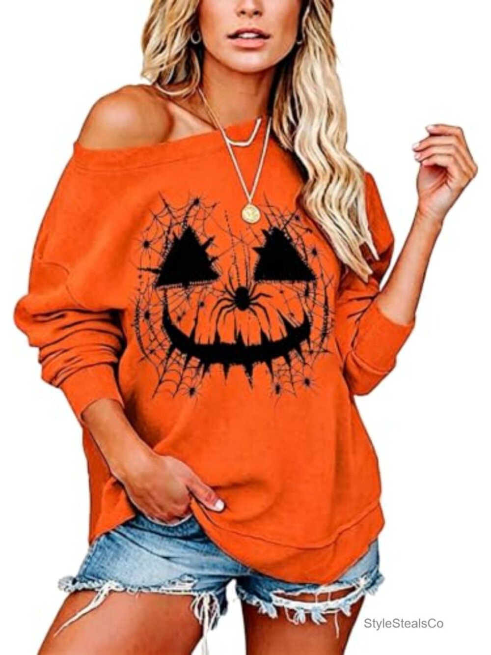 Women's Off Shoulder Halloween Pumpkin Graphic Sweatshirt